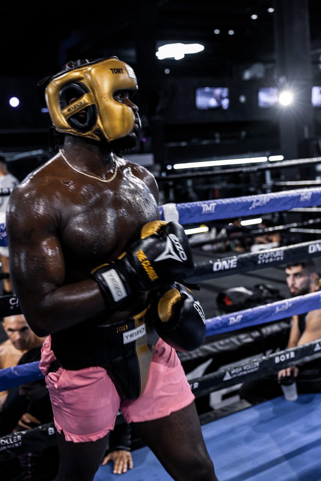 Sparring session in headgear and gloves
